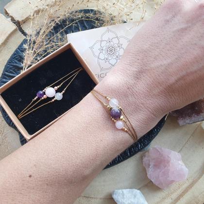 Amethyst Bergkristall Rosenquarz Armband *GOLDEN TRIANGLE*