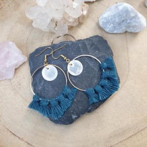 Makramee Ohrringe *SEASHELL CIRCLES* 40mm petrol