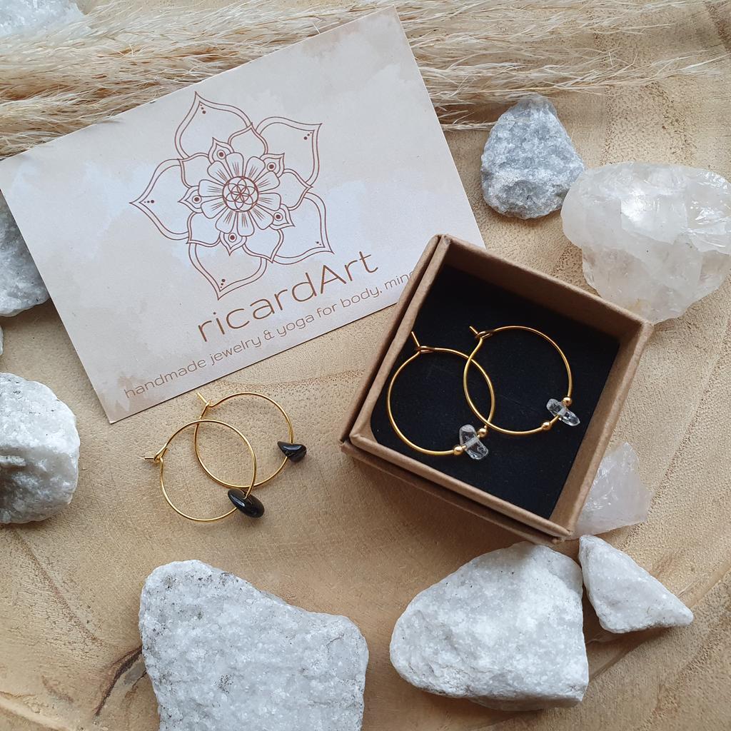 Bergkristall/Turmalin Creolen 20mm *Edelstahl vergoldet