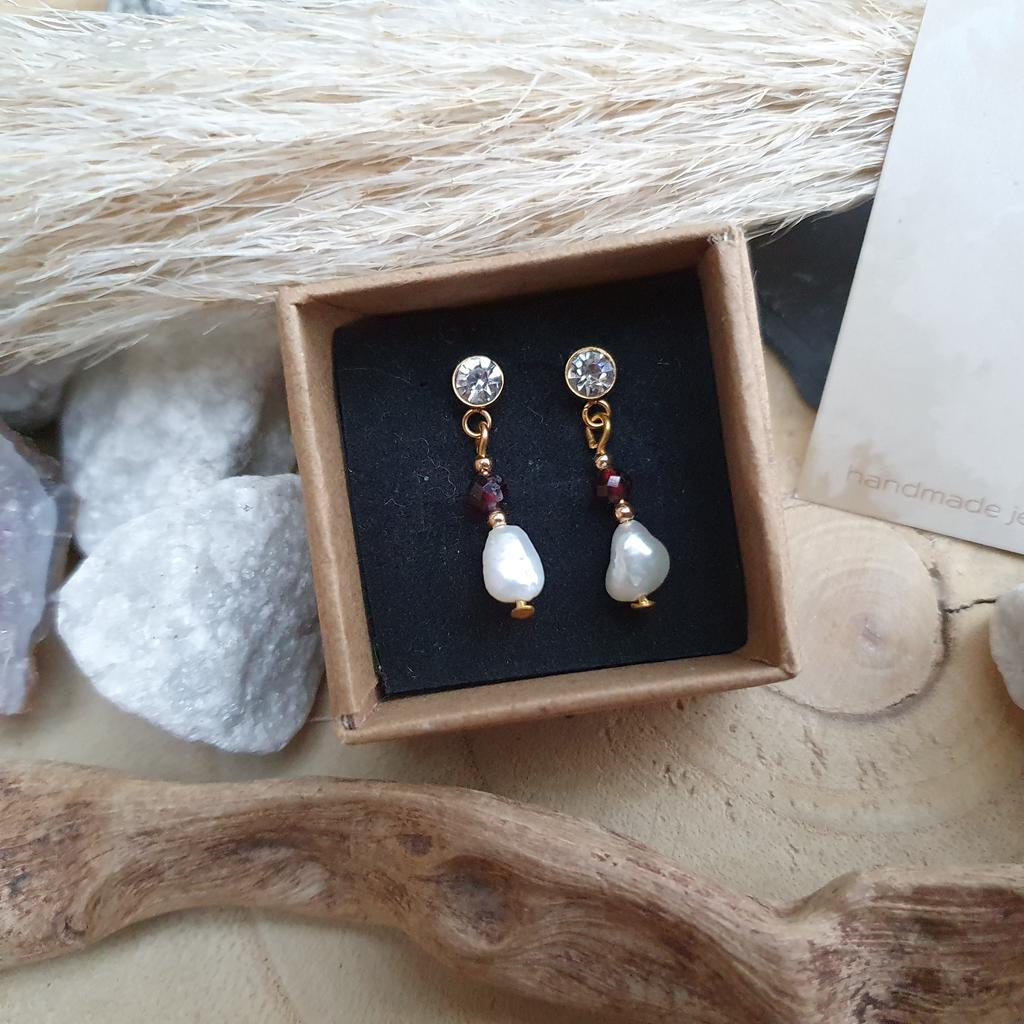 Süßwasserperle/Strass Ohrschmuck *GRANAT* Edelstahl - Image 3