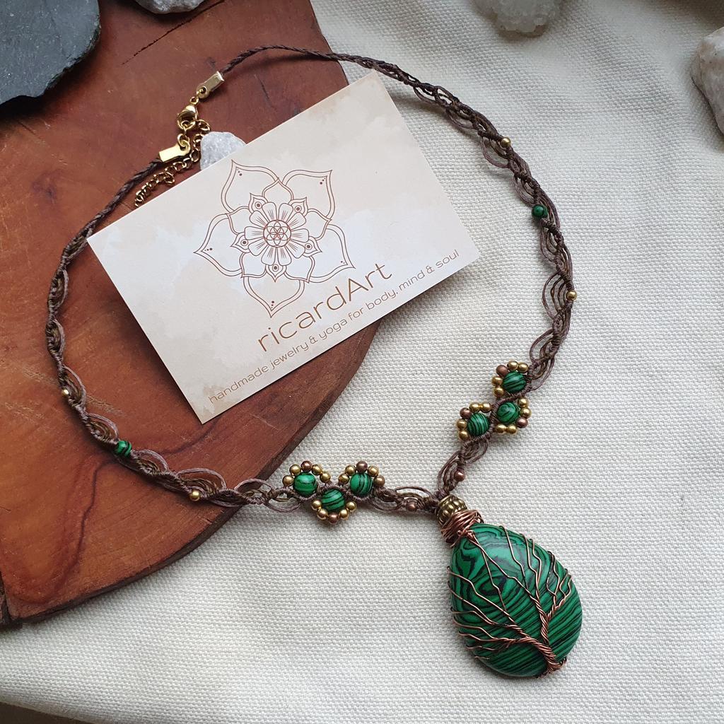 MALACHIT Makrameekette *LEBENSBAUM* antiquegold