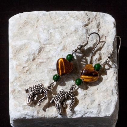 Ohrhänger Krokodil mit Tigerauge und Jade
