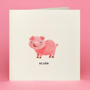GRUSSKARTE Neujahr Viel Glück Schwein mit Knopf als Nase