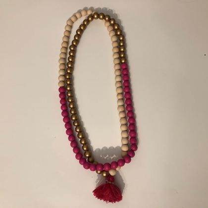 Kette - Holzperlen - Natur/Magenta/Gold - Quaste