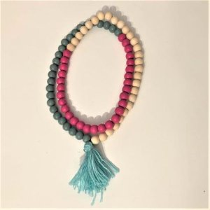 Kette – Holzperlen – Natur/Magenta/Graugrün – Quaste