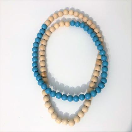 Kette - Holzperlen - Natur/Blitzblau