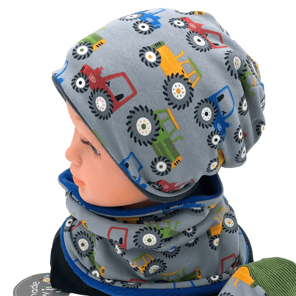 SET HAUBE+LOOPSCHAL TRAKTOR bunt grau (Ausführung und Größe wählbar)