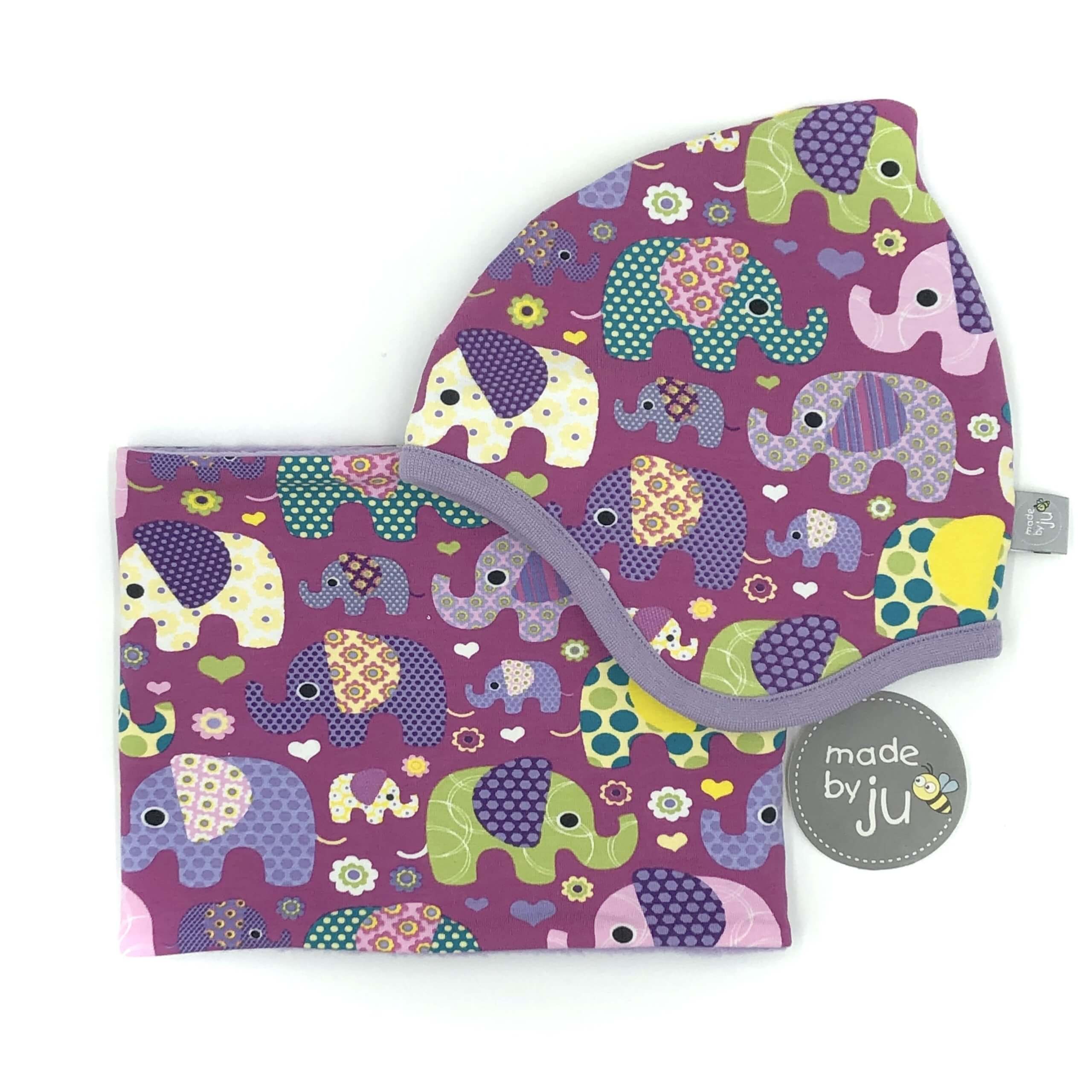 SET WINTER- HAUBE + LOOPSCHAL - ELEFANTEN magenta (Größe wählbar)