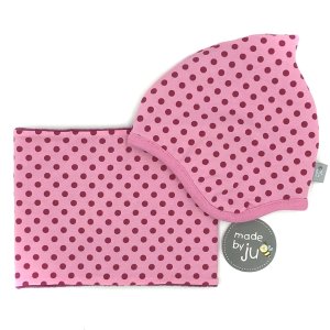 SET WINTER- HAUBE + LOOPSCHAL  – PUNKTE ROSA (Größe wählbar)