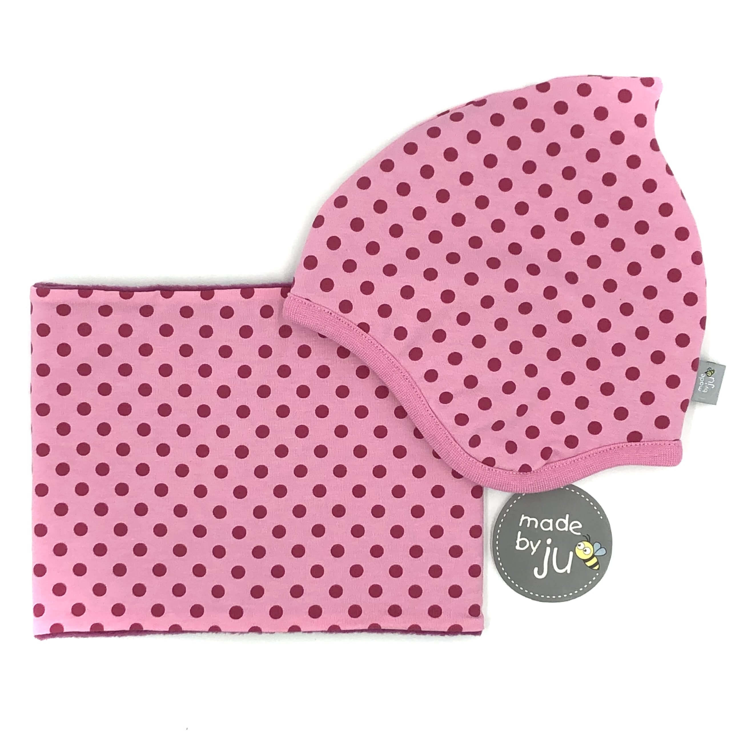 SET WINTER- HAUBE + LOOPSCHAL - PUNKTE ROSA (Größe wählbar)