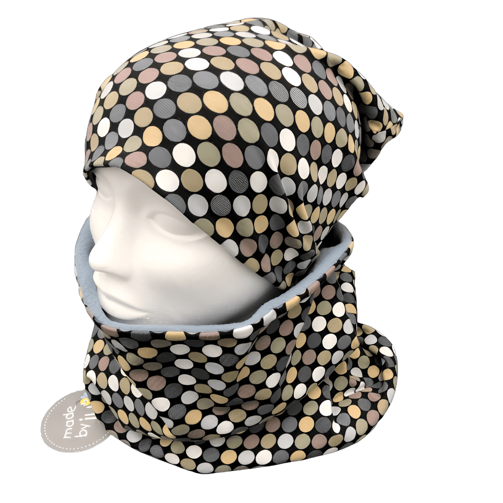 DAMEN- SET (WENDEHAUBE+XXL-LOOPSCHAL) "Punkte Naturfarben"