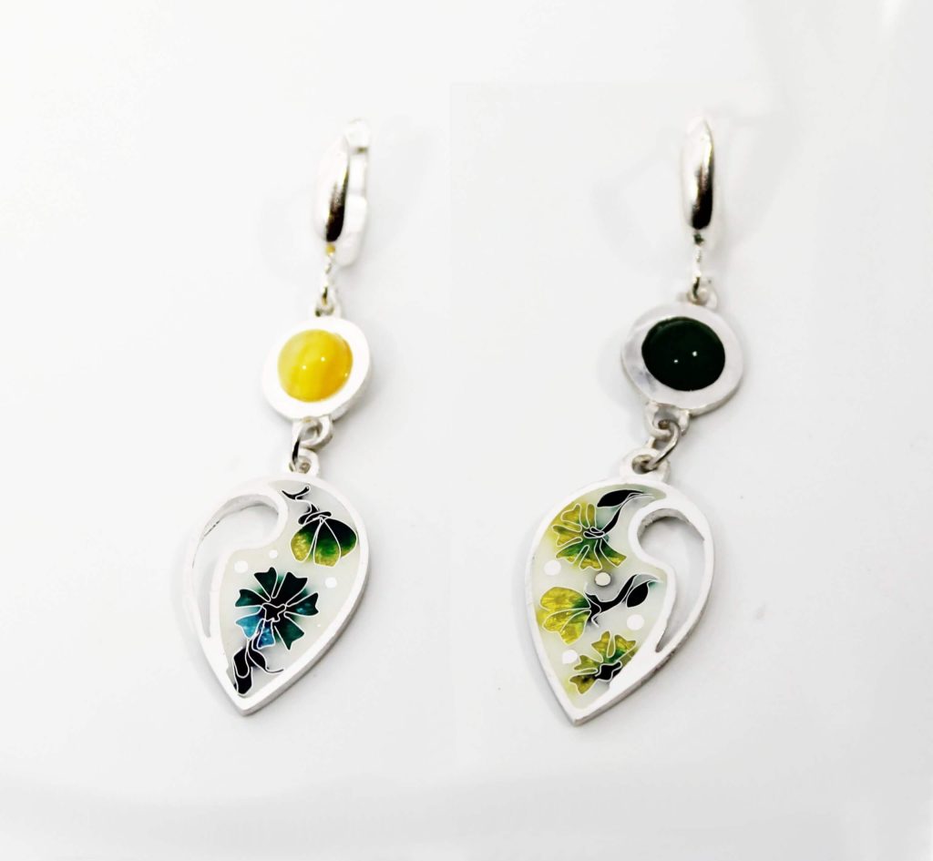 Earrings " Blumen". Cloisonne Emaille, Unikat,Sterling Silber