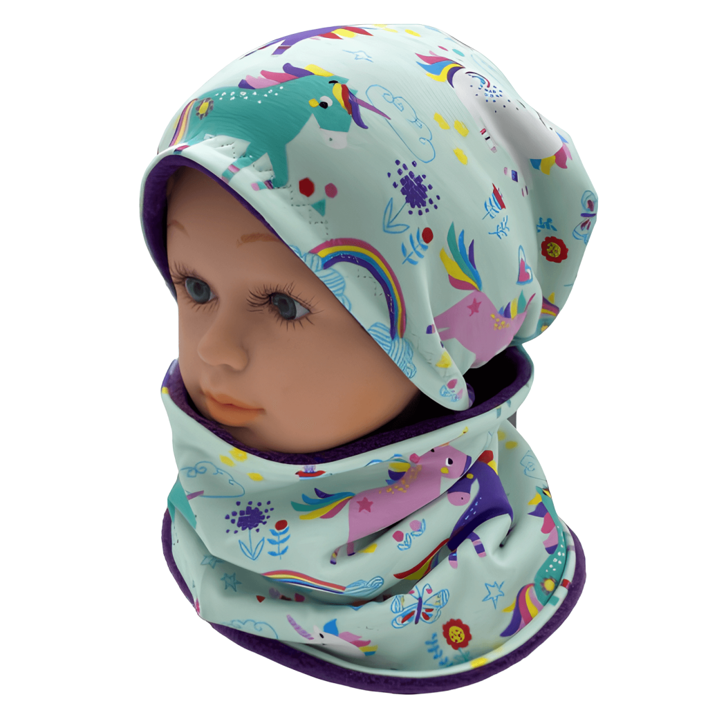 SET HAUBE+LOOPSCHAL Einhörner bunt mint (Ausführung und Größe wählbar)