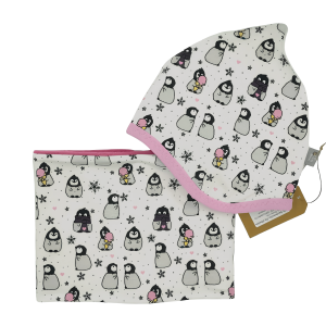 SET WINTER- HAUBE + LOOPSCHAL  (Größe wählbar) – Pinguine rosa