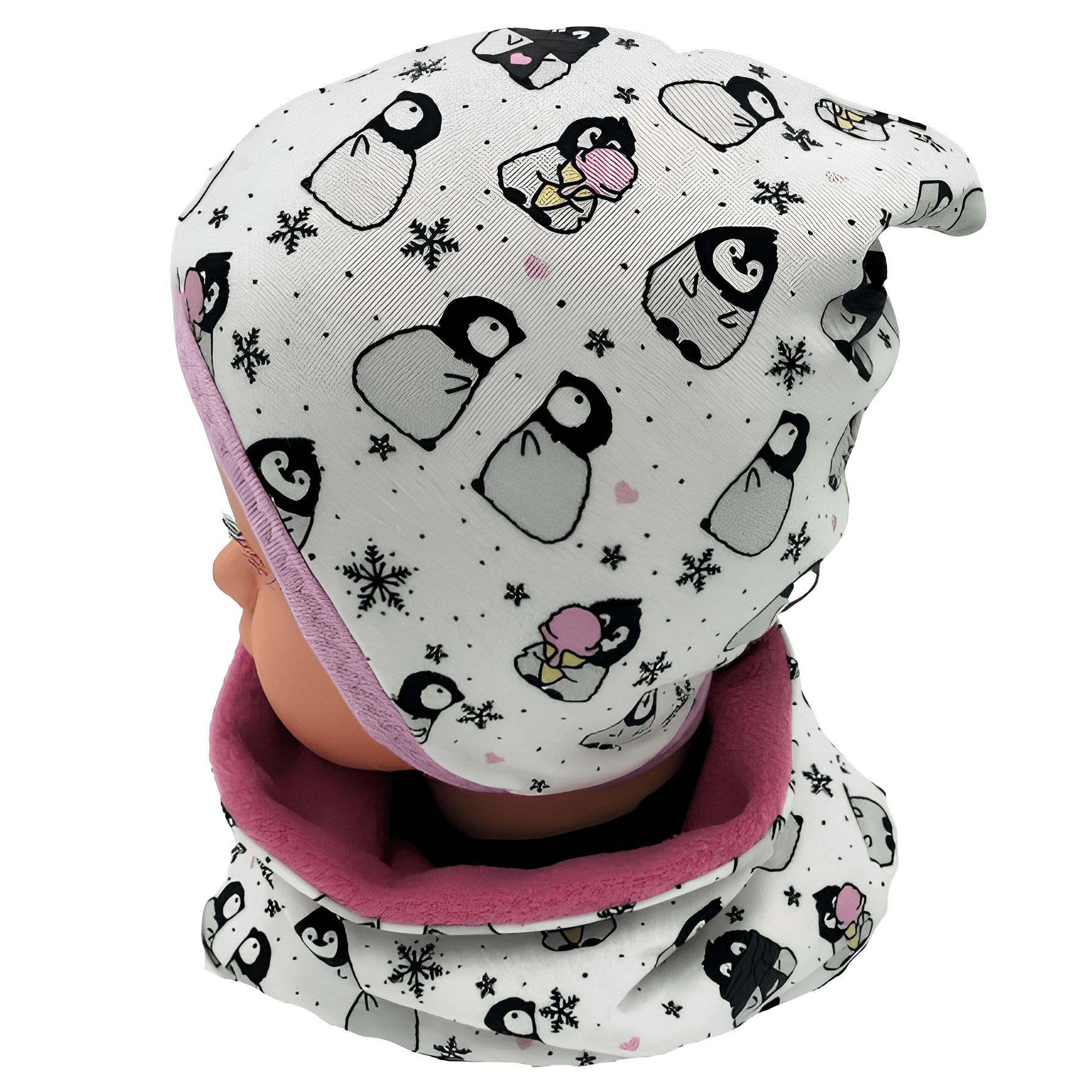 SET WINTER- HAUBE + LOOPSCHAL (Größe wählbar) - Pinguine rosa - Image 2