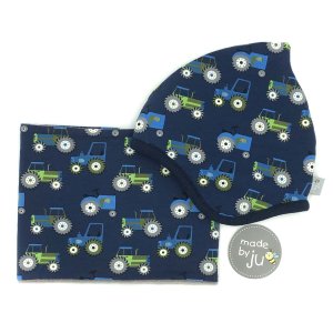 SET WINTER- HAUBE + LOOPSCHAL – TRAKTOR dunkelblau (Größe wählbar)