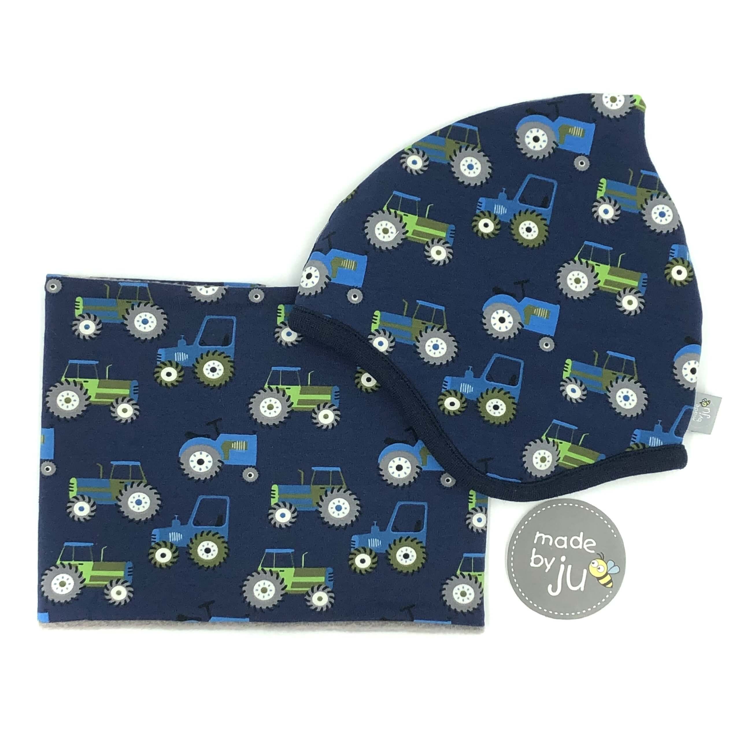 SET WINTER- HAUBE + LOOPSCHAL - TRAKTOR dunkelblau (Größe wählbar)