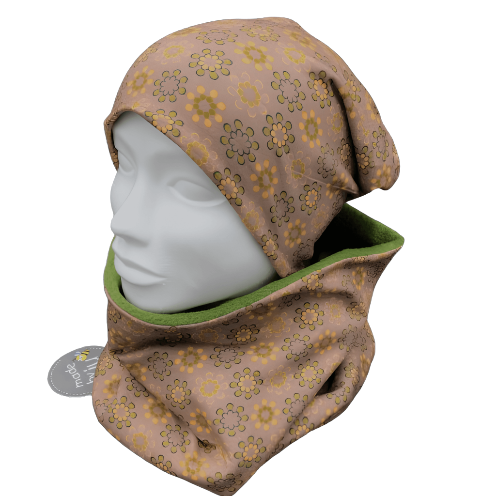 DAMEN- SET (WENDEHAUBE+XXL-LOOPSCHAL)- Muster beige/oliv