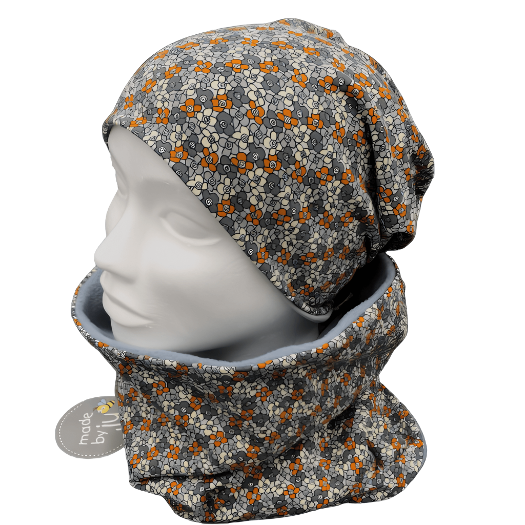 DAMEN- SET (WENDEHAUBE+XXL-LOOPSCHAL)- Mini Streublumen grau/creme/orange