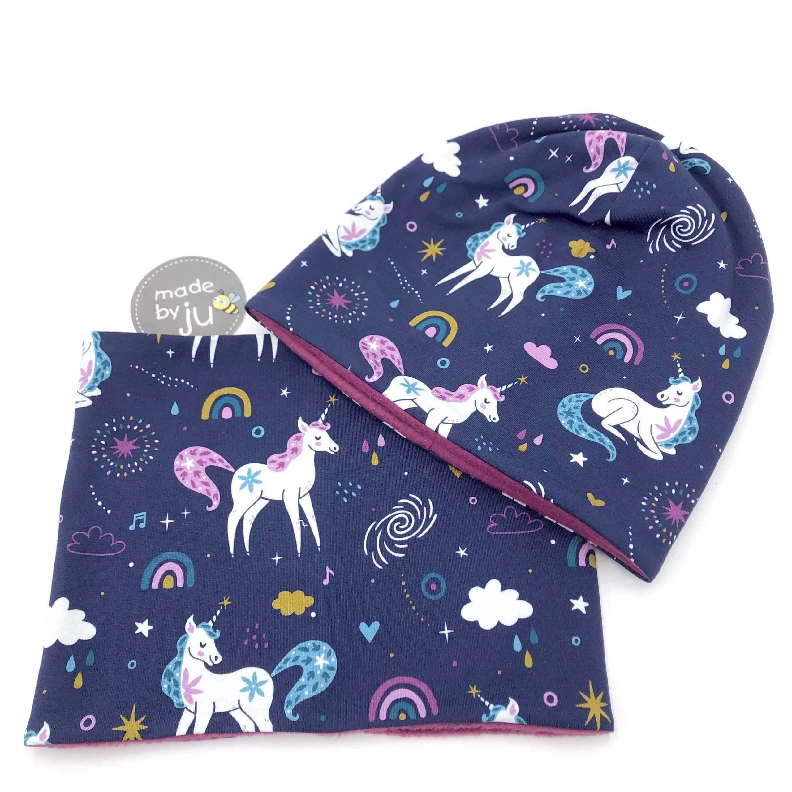 SET HAUBE+LOOPSCHAL EINHÖRNER blau/lila (Ausführung und Größe wählbar) - Image 4