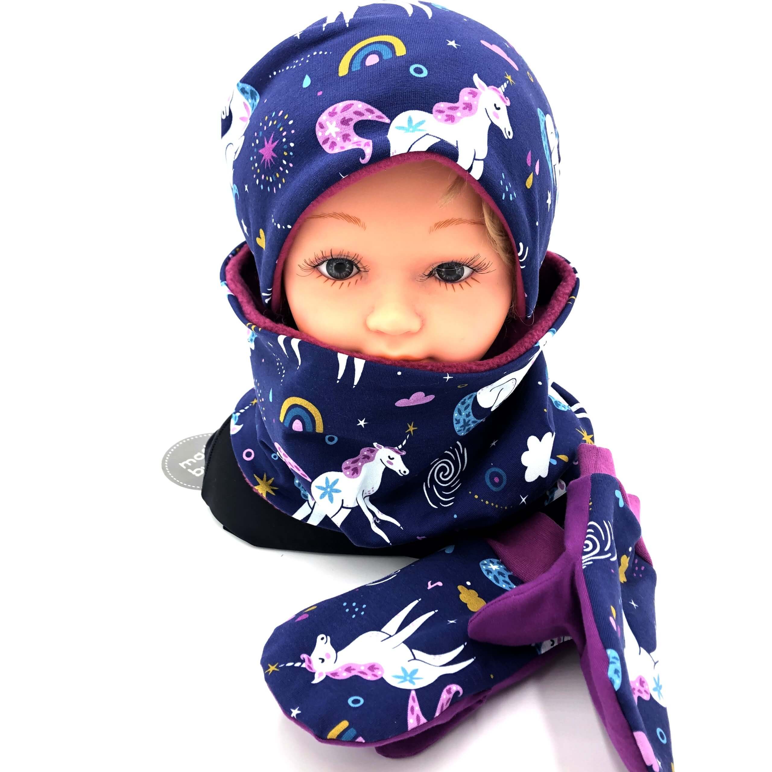 SET HAUBE+LOOPSCHAL EINHÖRNER blau/lila (Ausführung und Größe wählbar) - Image 5