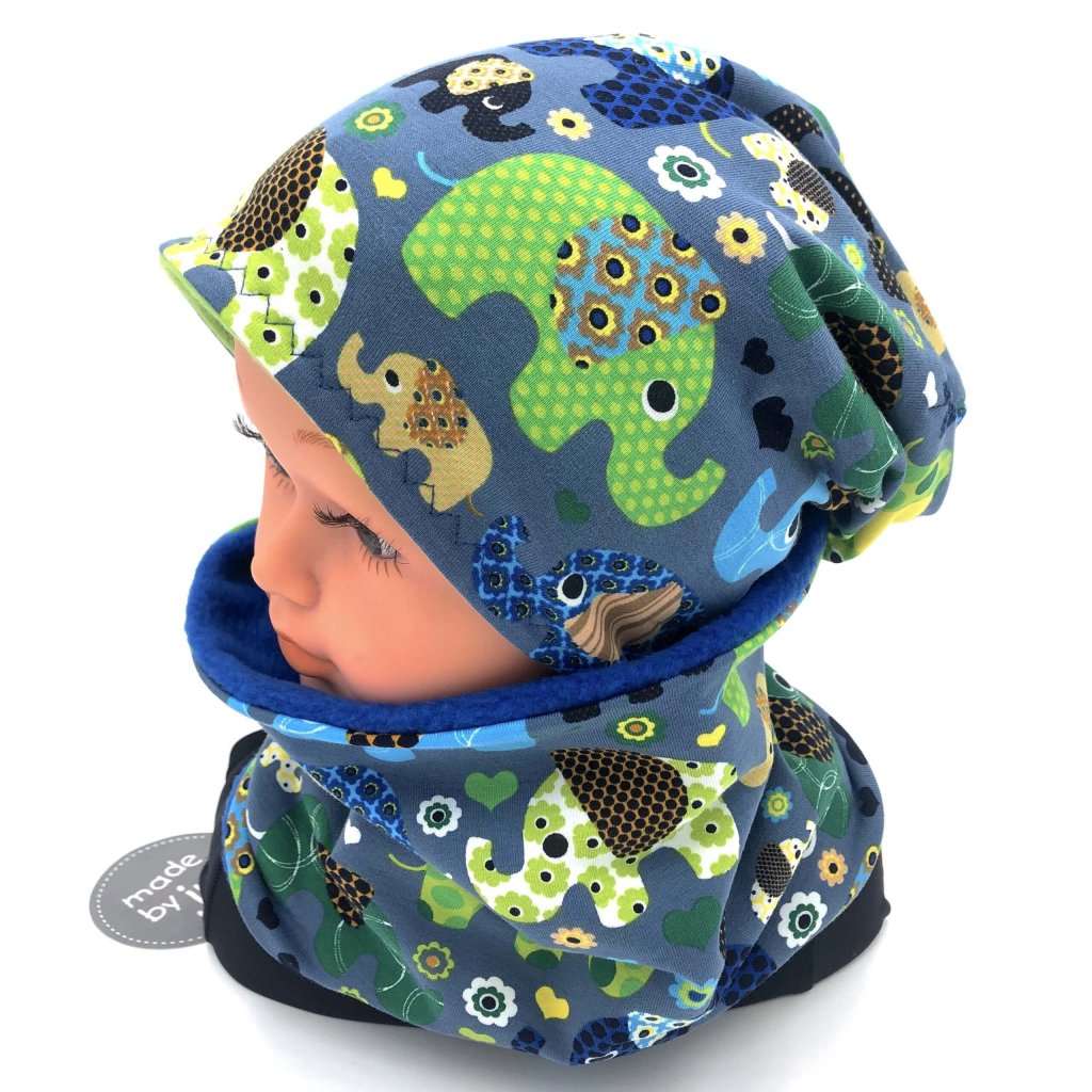 SET HAUBE+LOOPSCHAL ELEFANTEN blau (Ausführung und Größe wählbar)