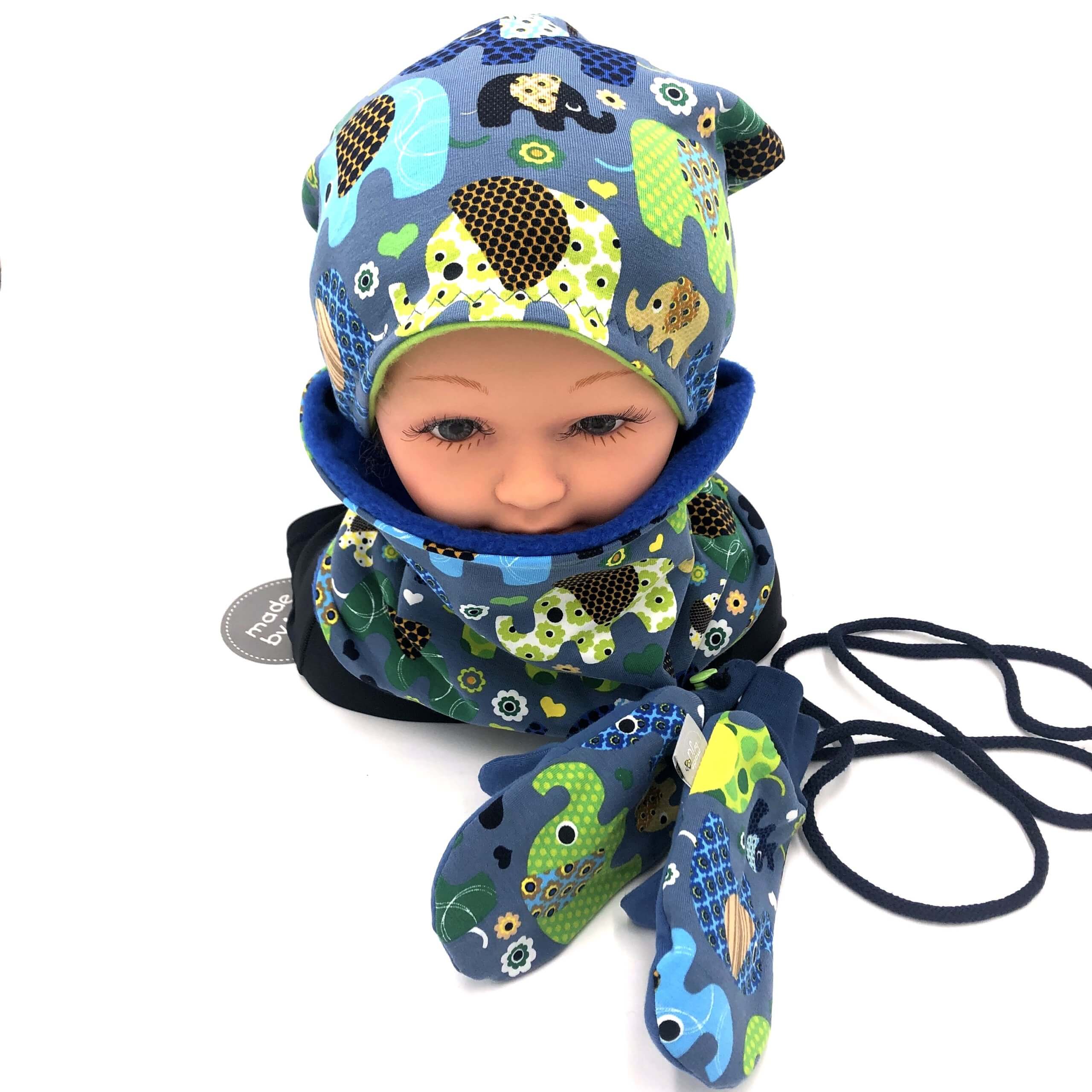 SET HAUBE+LOOPSCHAL ELEFANTEN blau (Ausführung und Größe wählbar) - Image 2