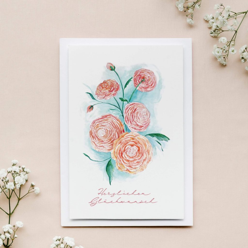 Zarte Grußkarte Ranunkeln, „Herzlichen Glückwunsch”