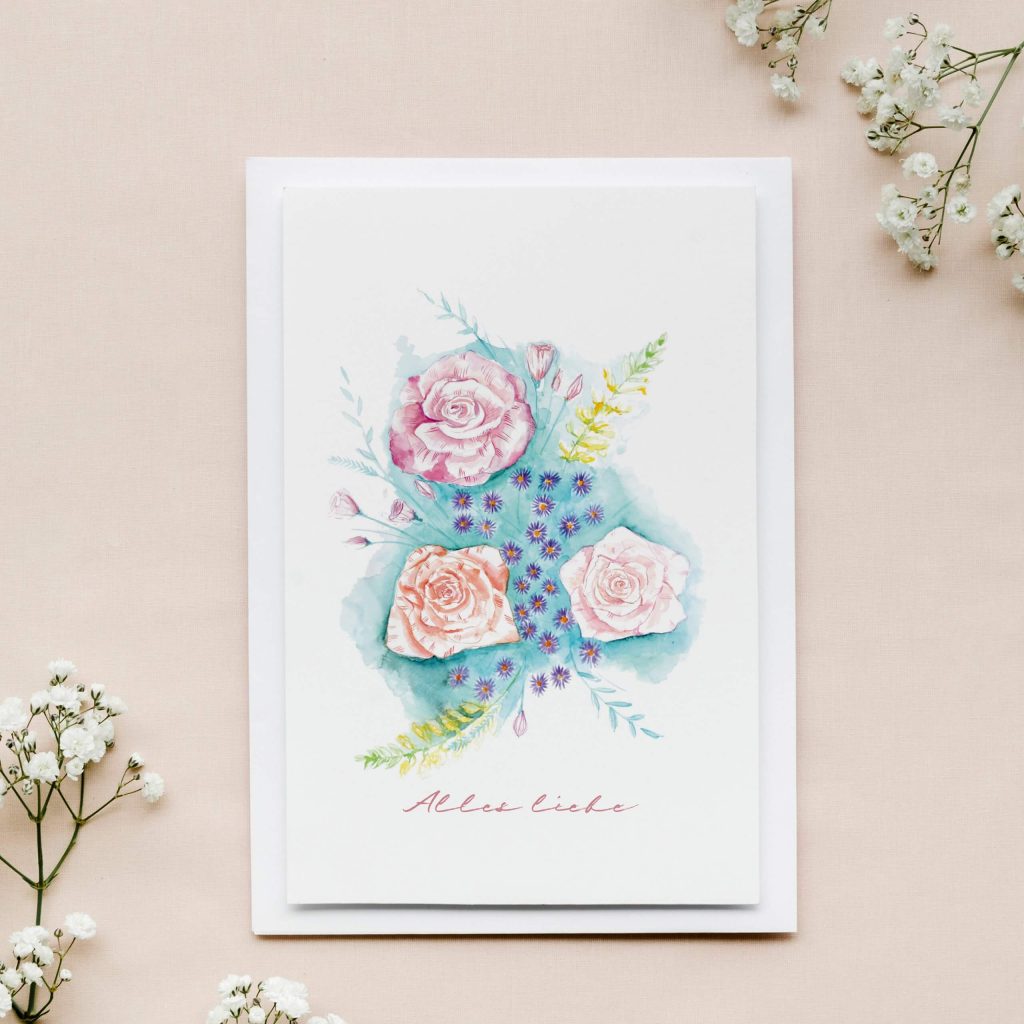 Zarte Grußkarte Rosenstrauß „Alle Liebe"