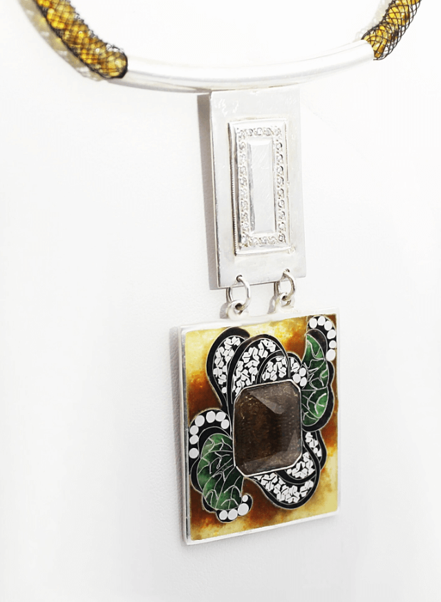 Anhänger mit kette " Blätter", Cloisonne Emaille,Handgemachte Schmuck, Unikat,Pure silver