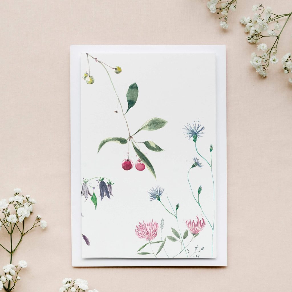 Grußkarte Aquarell - Kirschen und Wiesenblumen
