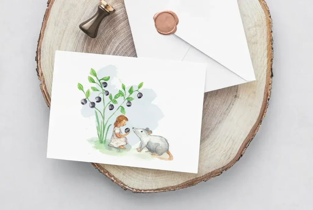 Karte für Kinder, Aquarell Fee und Maus mit Blaubeeren