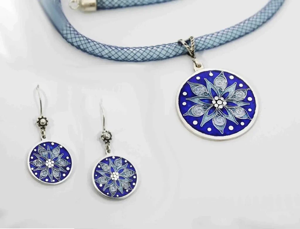 Edelweiss, Anhänger & Ohrringe, Cloisonne Emaille,Handgemachte Schmuck, Unikat