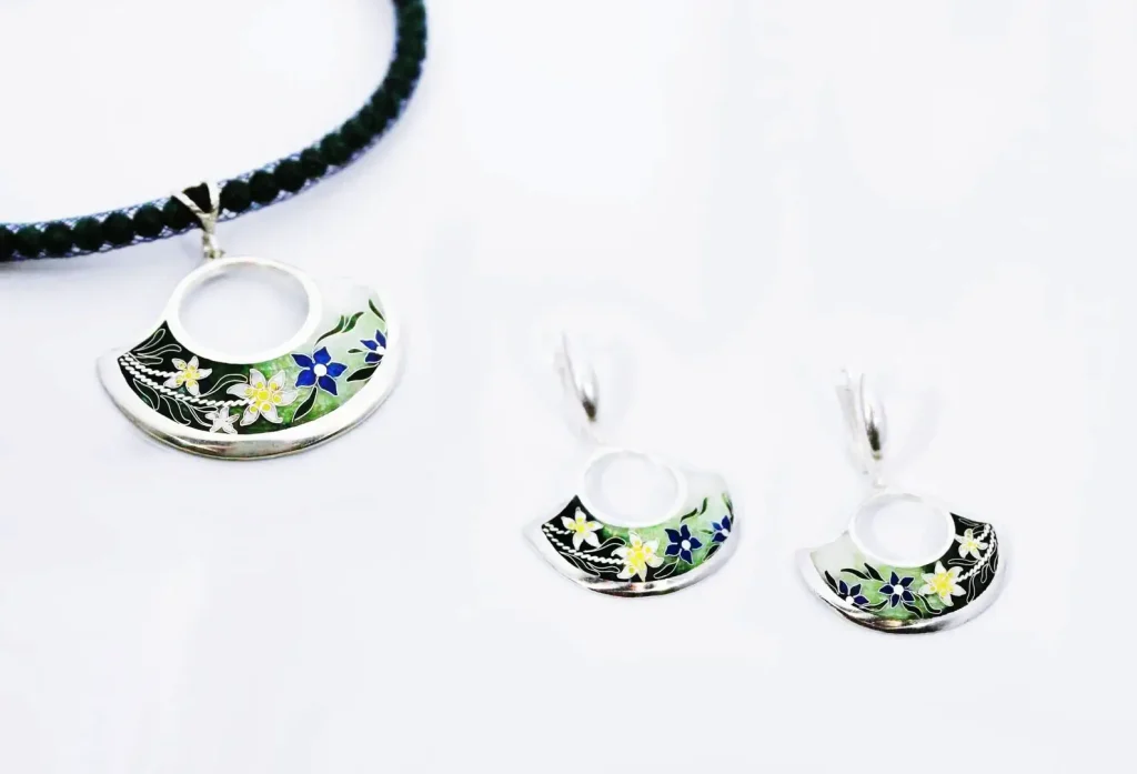 Edelweiss, Anhänger &Ohrringe, Cloisonne Emaille,Handgemachte Schmuck, Unikat