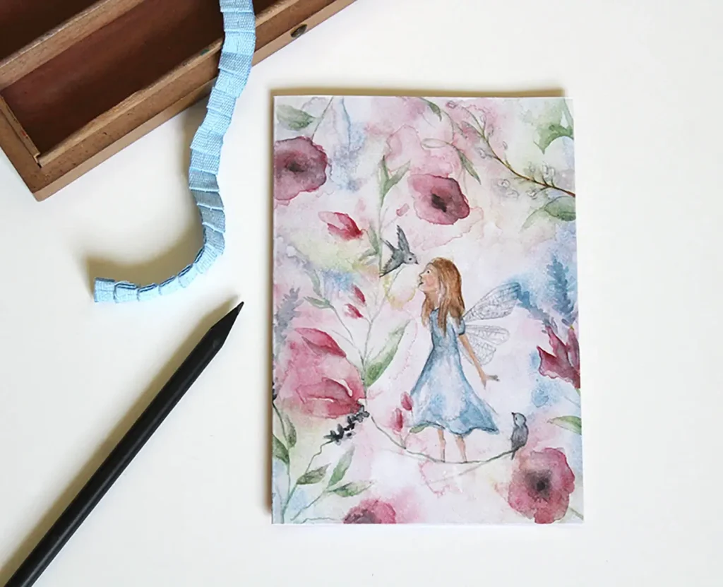 Karte für Kinder, Aquarell Fee im Garten
