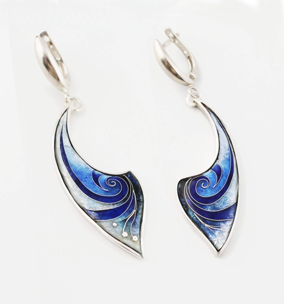 Ohrringe "Welle" Cloisonné Emaille, Handarbeit, Silber, Unikat