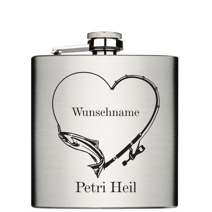 Petri Heil und Wunschname Flachmann 6oz mit Lasergravur