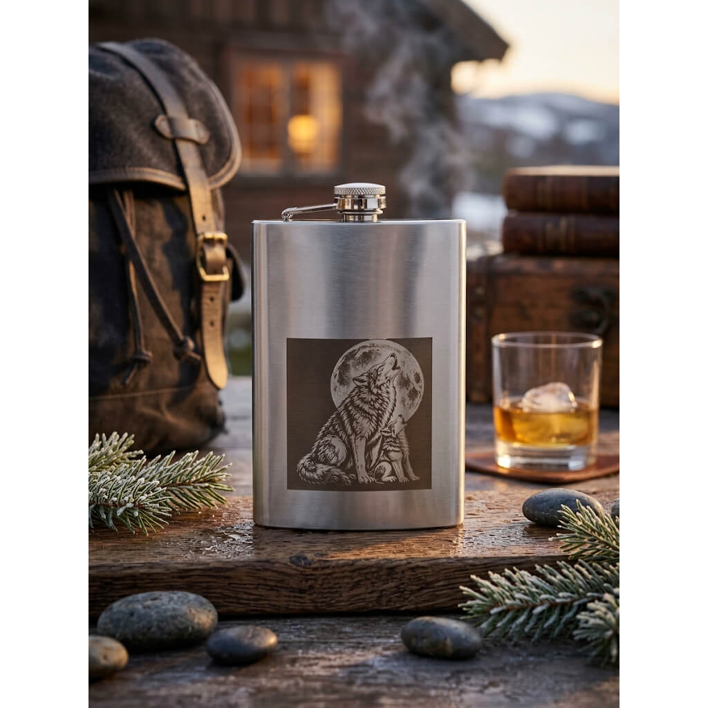 Stilvoller 8oz Flachmann aus gebürstetem Edelstahl mit Wolfs-Gravur