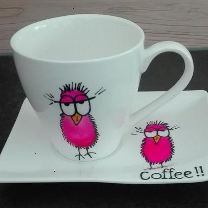 Kaffeetasse mit Untertasse "Coffee-Vogel" pink