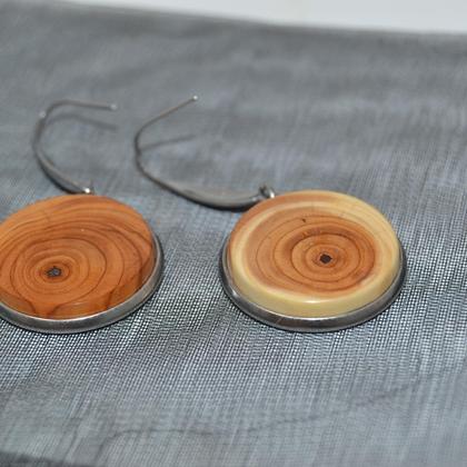 Holz Ohrringe Eibe Schmuck Trachtenschmuck Hängeohrringe Unikat Edelstahl 2 cm