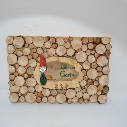 Holzbild 30,5x20 cm Gartenzwerg Holz Dekoration Schriftbild Wandbild Handarbeit