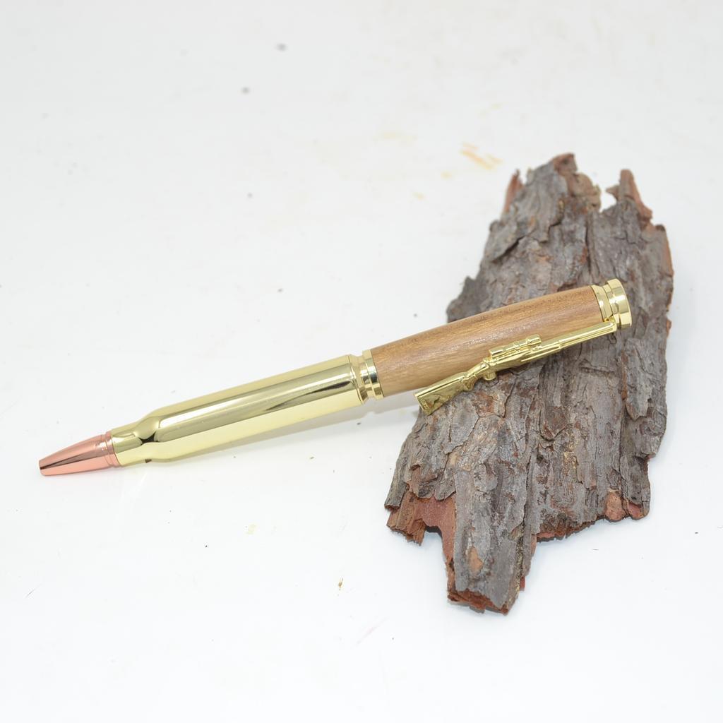 Holz Kugelschreiber Drehkugelschreiber Robinie Jäger Gewehr vergoldet handmade