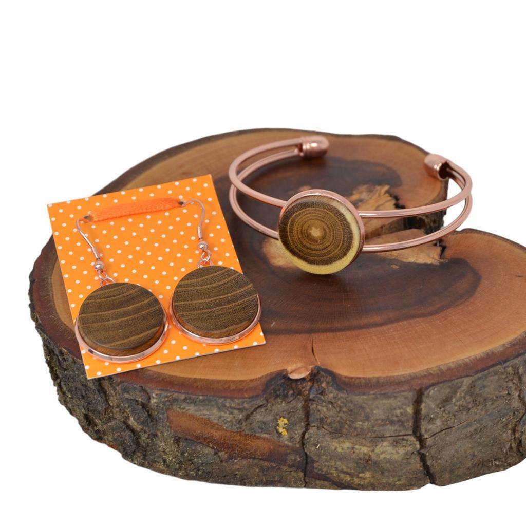 Holz Schmuckset Armreif Holzohrringe Goldregen rosegold Ohrschmuck Geschenk - Image 4