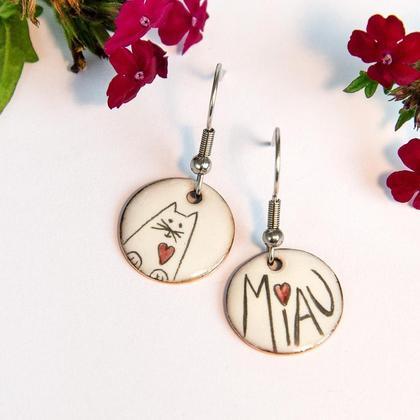 Emaille Ohrringe mit Katzen, Katzen Ohrringe, Ohrringe rund MIAU