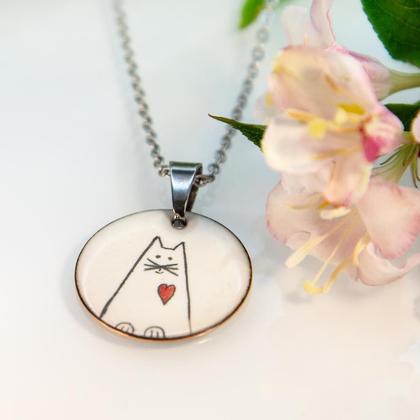 Halskette aus Emaille mit gezeichneter Katze, Katzen Halskette/Katzenanhänger