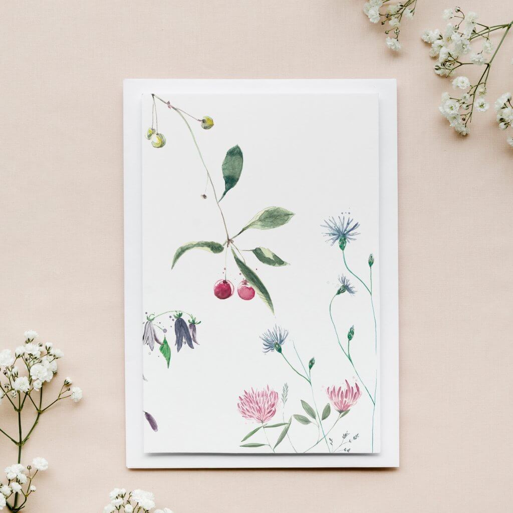 Grußkarte Aquarell - Kirschen und Wiesenblumen