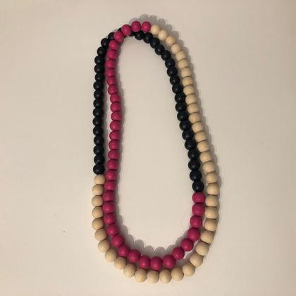 Kette - Holzperlen - Natur/Magenta/Dunkelblau