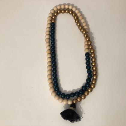 Kette - Holzperlen - Natur/Dunkelblau/Gold - Quaste