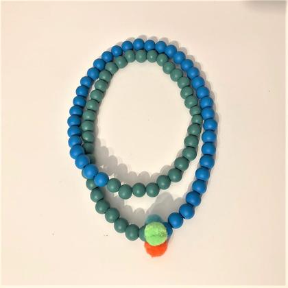 Holzperlen - Blitzblau/Graugrün - Bommel