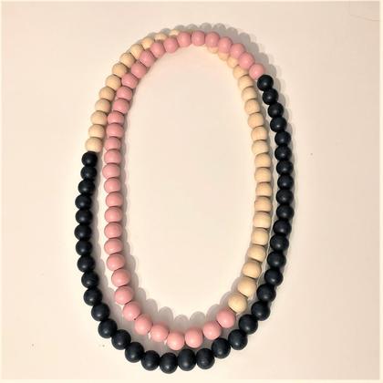 Kette - Holzperlen - Natur/Rosa/Dunkelblau